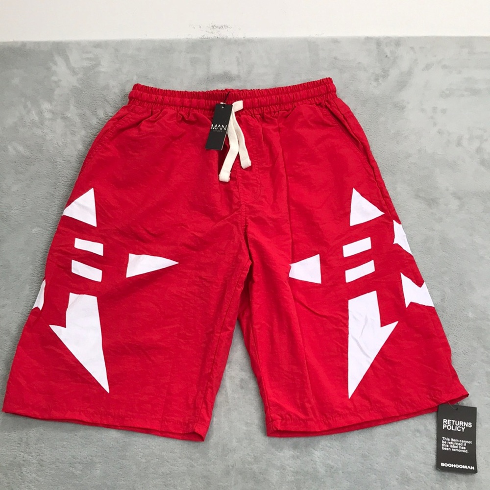BooHoo Man Red and White Printed Board Shorts Size M New